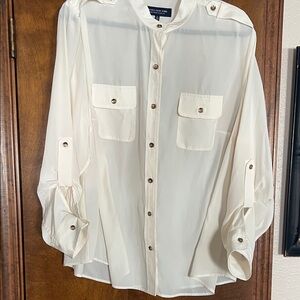 Jones New York Cream Button-Front Utility Shirt with Gold Buttons